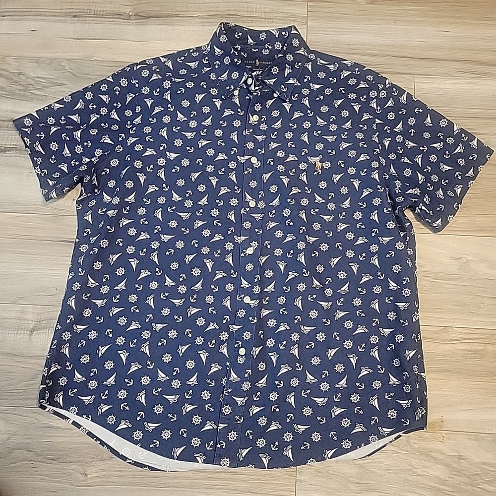 Polo Ralph Lauren Shirt Adult Large Blue Allover Print Boat Anchor Flesh Pony